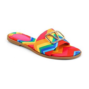 Bickley-11 Rainbow Chevron Print Buckle Accent Slide Flat Sandals