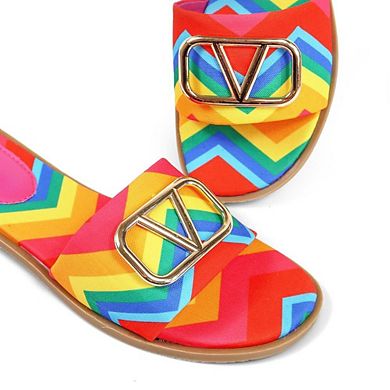 Bickley-11 Rainbow Chevron Print Buckle Accent Slide Flat Sandals