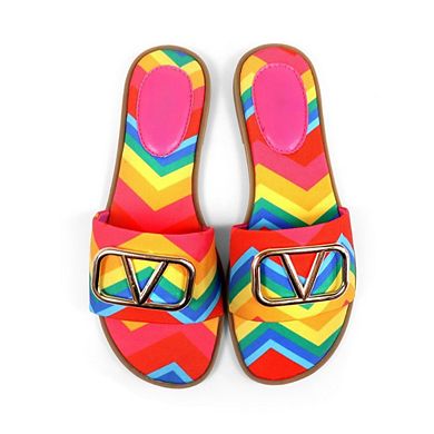 Bickley-11 Rainbow Chevron Print Buckle Accent Slide Flat Sandals