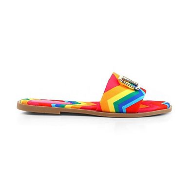 Bickley-11 Rainbow Chevron Print Buckle Accent Slide Flat Sandals