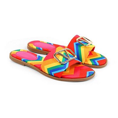 Bickley-11 Rainbow Chevron Print Buckle Accent Slide Flat Sandals