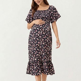 Women's Maternity Floral Square Neck Midi Dress with Short Sleeves and Ruffle Hem