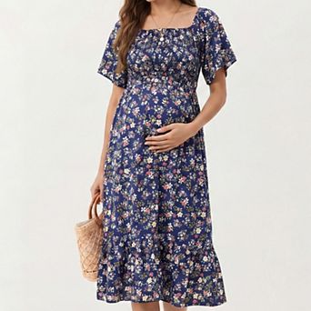 Women's Maternity Floral Square Neck Midi Dress with Short Sleeves and Ruffle Hem