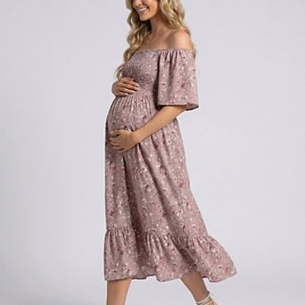 Women's Maternity Floral Square Neck Midi Dress with Short Sleeves and Ruffle Hem