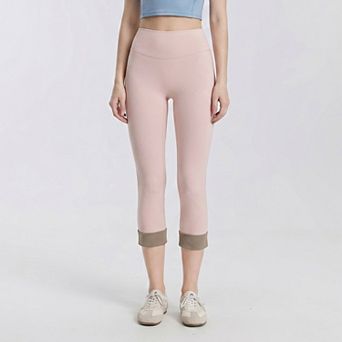 Women's High Waist Capri Leggings with Folded Cuff Hem Wide Waistband Smooth Stretch Yoga Pants