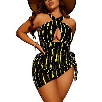Women Vertical Streak Print Halter One Piece Swim Dress - Cutout Waist Side Tie Skirted Bathing Suit