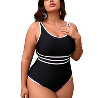 Women Striped Contrast Piping One Piece Swimsuit Adjustable Wide Strap U Neck Bathing Suit