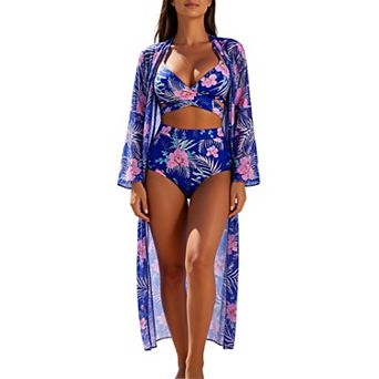 Women Tropical Floral 3 pc Swimsuit Wrap Bikini High Waist Bottom Long Sleeve Kimono