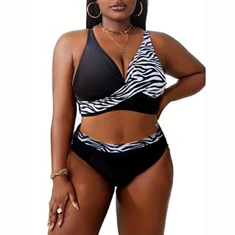 Women Zebra Print Wrap V Neck Bikini Set Adjustable Thin Strap High Waist Two Piece Swimsuit