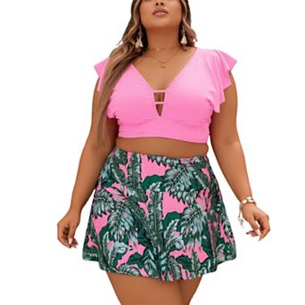 Women Ruffle V Neck Cutout Tankini Set Tropical Leaf Print Skirted Two Piece Swimsuit
