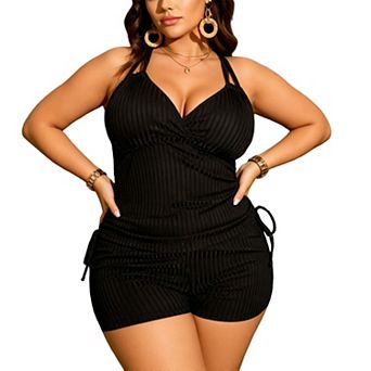 Women Ribbed Wrap V Neck Tankini Set Criss Cross Back Straps Side Drawstring Boyshort Swim Bottoms