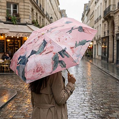 Floral Print Compact Folding Umbrella with Automatic Open and Wind Resistant Frame Design