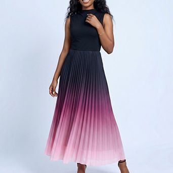 Women's Sleeveless High Neck Pleated Ombre A-Line Maxi Dress with Flowy Skirt