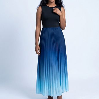 Women's Sleeveless High Neck Pleated Ombre A-Line Maxi Dress with Flowy Skirt