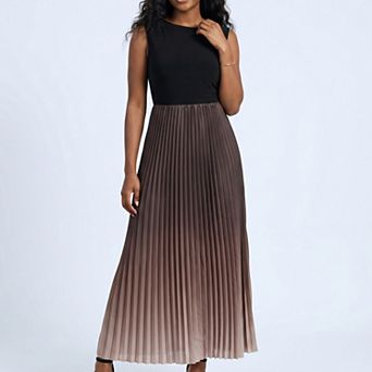 Women's Sleeveless High Neck Pleated Ombre A-Line Maxi Dress with Flowy Skirt