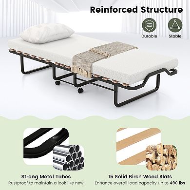 Twin Size Folding Bed with Foam Mattress and Lockable Wheels