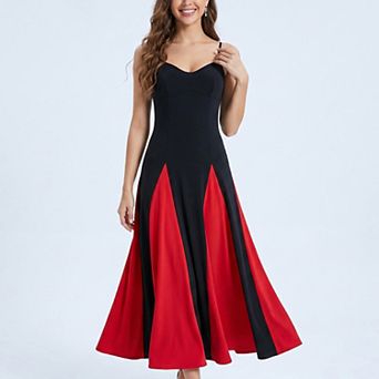 Women's Spaghetti Strap Colorblock Fit and Flare Midi Dress