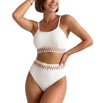 Women's 2 pc Ribbed Bikini Swimsuit with Bralette Top High Waist Bottoms Boho Trim