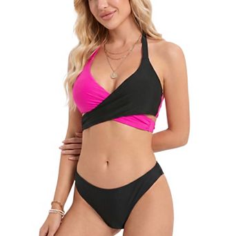 Women's 2 pc Colorblock Halter Bikini Swimsuit with Wrap Front Top High Cut Bottoms