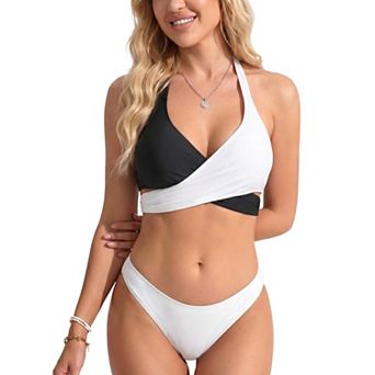 Women's 2 pc Colorblock Halter Bikini Swimsuit with Wrap Front Top High Cut Bottoms