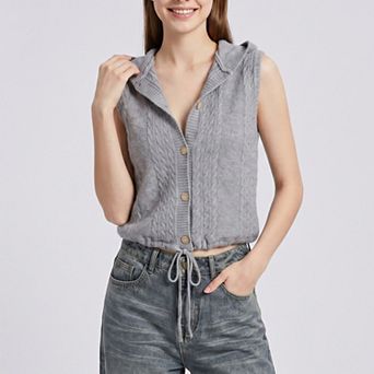 Women's Sleeveless Hooded Cable Knit Vest Top with Button Front and Adjustable Drawstring Hem
