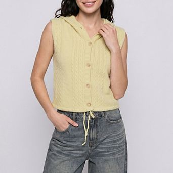 Women's Sleeveless Hooded Cable Knit Vest Top with Button Front and Adjustable Drawstring Hem