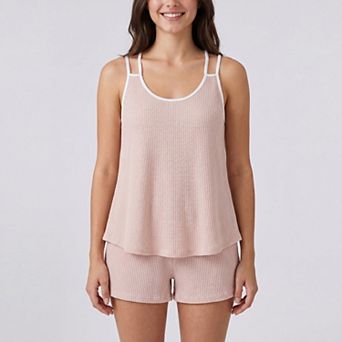 Women's 2 pc Set Waffle Knit Cami Top and Shorts with Contrast Trim Cross Back Straps