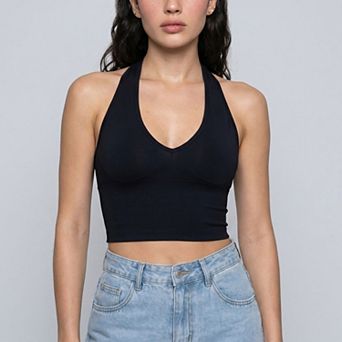 Womens Halter Neck Cropped Tank Top with V Neckline Smooth Stretch Knit and Fitted Band