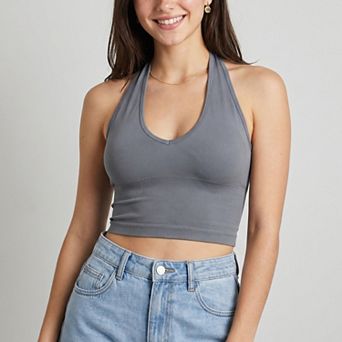Womens Halter Neck Cropped Tank Top with V Neckline Smooth Stretch Knit and Fitted Band