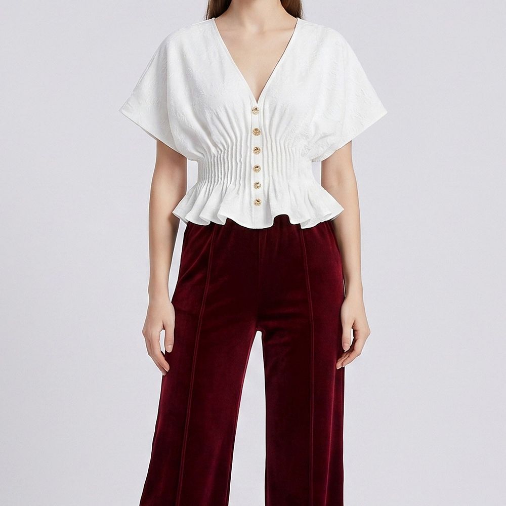 Women's V Neck Button Front Peplum Blouse with Smocked Waist