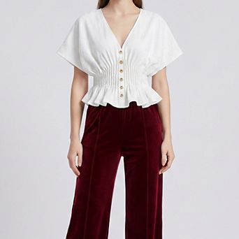 Women's V Neck Button Front Peplum Blouse with Smocked Waist Flutter Sleeves and Textured Fabric