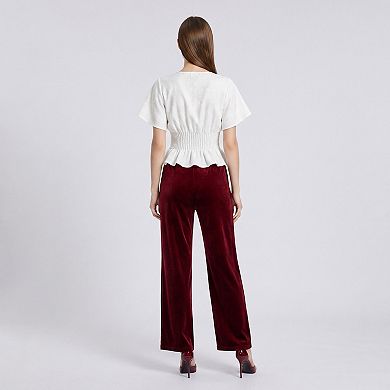 Women's V Neck Button Front Peplum Blouse with Smocked Waist Flutter Sleeves and Textured Fabric