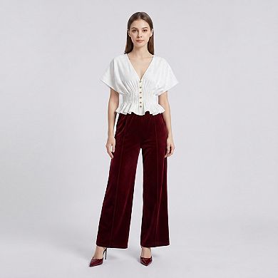Women's V Neck Button Front Peplum Blouse with Smocked Waist Flutter Sleeves and Textured Fabric