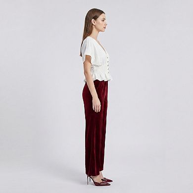 Women's V Neck Button Front Peplum Blouse with Smocked Waist Flutter Sleeves and Textured Fabric