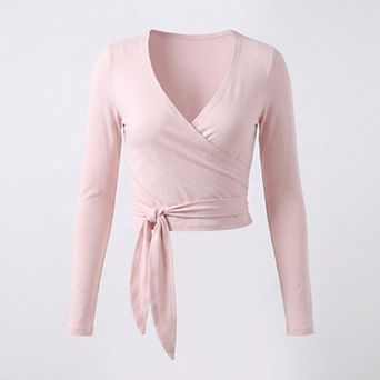 Womens Long Sleeve Wrap Crop Top with V Neckline Side Tie Waist Smooth Stretch Knit