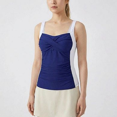 Womens Tankini Swim Top with Twist Front Contrast Side Panels Adjustable Straps