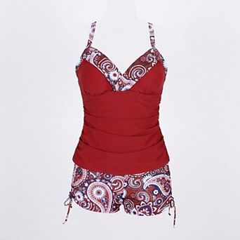 Womens 2 pc Tankini Swimsuit Set with V Neck Swim Top Paisley Trim and Matching Boyshorts