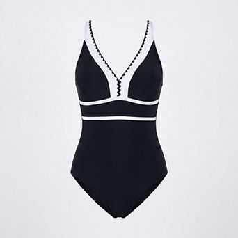 Womens One Piece Swimsuit with V Neck Contrast Trim Scallop Detail and Adjustable Crisscross Straps