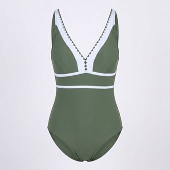 Womens One Piece Swimsuit with V Neck Contrast Trim Scallop Detail and Adjustable Crisscross Straps