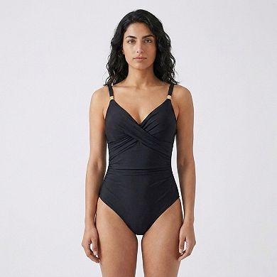 Womens One Piece Swim Romper with Wrap V Neck Cross Front Adjustable Straps and Attached Shorts