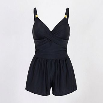 Womens One Piece Swim Romper with Wrap V Neck Cross Front Adjustable Straps and Attached Shorts