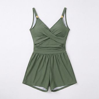 Womens One Piece Swim Romper with Wrap V Neck Cross Front Adjustable Straps and Attached Shorts