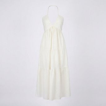 Womens Halter Neck Tiered Maxi Dress with Tie Straps Open Back Detail and Flowy A Line Skirt