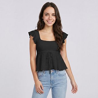 Womens Square Neck Peplum Top with Ruffle Cap Sleeves Front Tie Detail and Textured Fabric