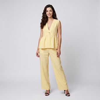 Womens 2 pc Set Sleeveless Peplum Top and Matching Wide Leg Pants with Textured Woven Look