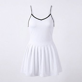 Womens Contrast Trim Athletic Dress with Crisscross Back Straps Pleated Skirt and Stretch Knit
