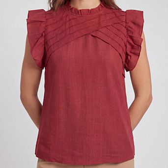 Women's Sleeveless Ruffle Trim Blouse with Mock Neck, Pintuck Front Detail and Keyhole Back