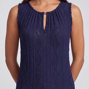 Women's Sleeveless Textured Knit Top with Keyhole Neckline, Metal Ring Detail and Ribbed Trim