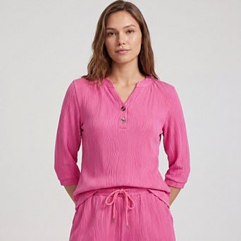 Women's 2 pc Set Long Sleeve Henley Top and Drawstring Shorts with Textured Ribbed Finish