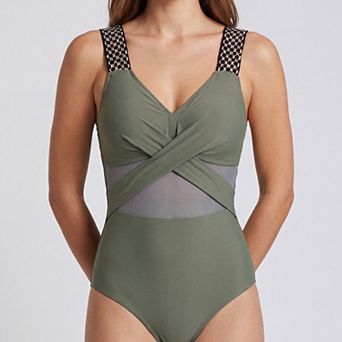 Women's One Piece Swimsuit with Cross Front Detail, Mesh Waist Panel and Patterned Wide Straps